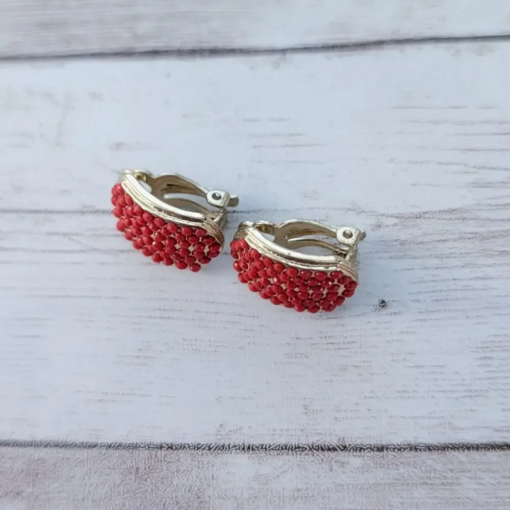Vintage Clip On Earrings Red & Gold Tone Curved 0.75